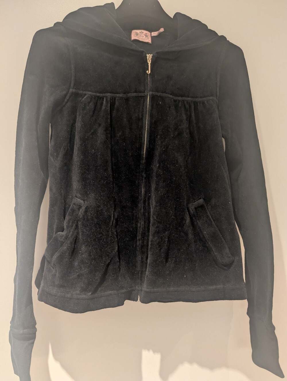 Juicy Couture Vintage Black Velour Babydoll Empire Waist Zip Hooded Jacket